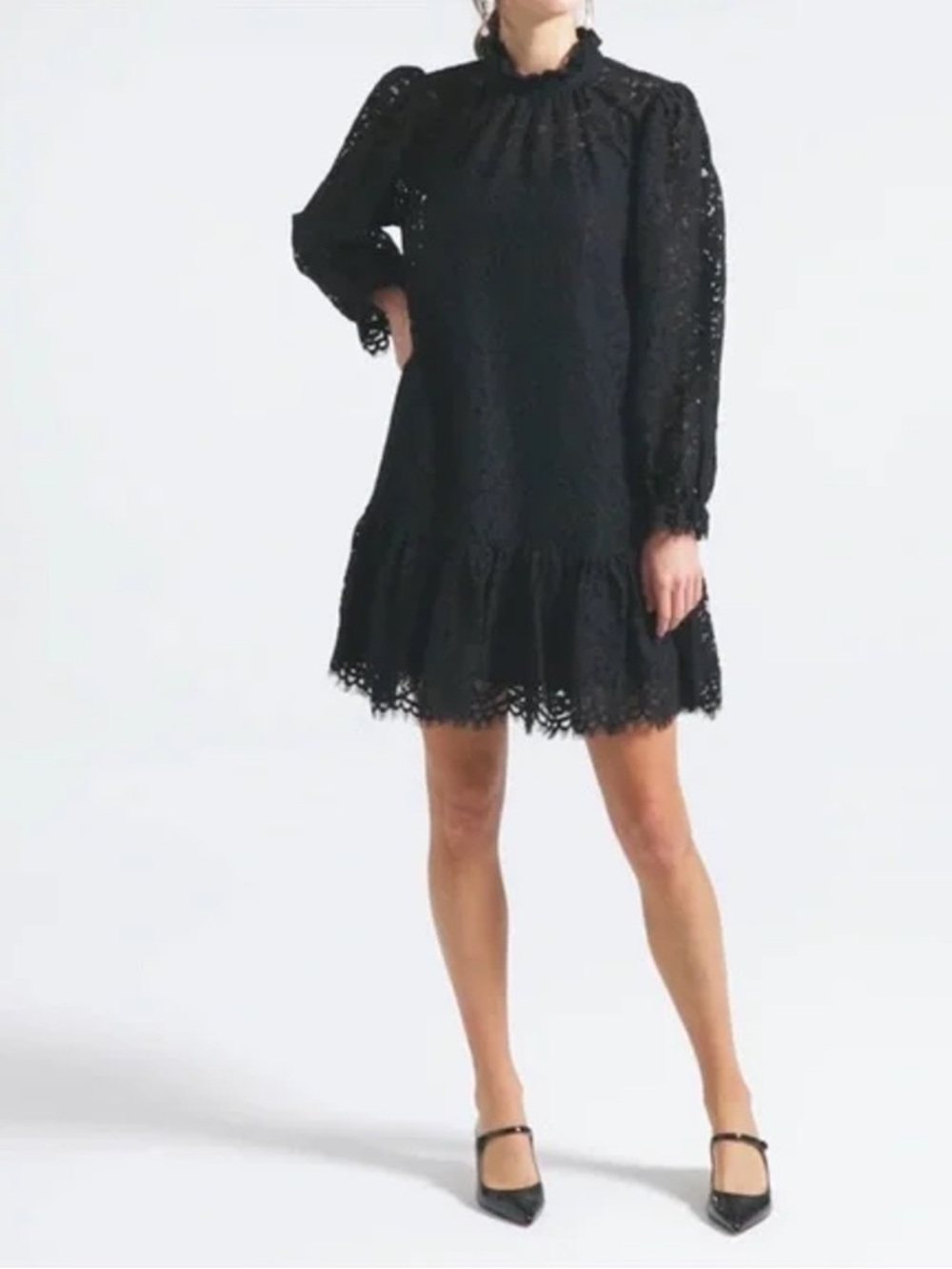 NWT J. CREW COLLECTION $198 BLACK RUFFLE NECK LACE DRESS SZ XS EXTRA SMALL‎ - Picture 3 of 10